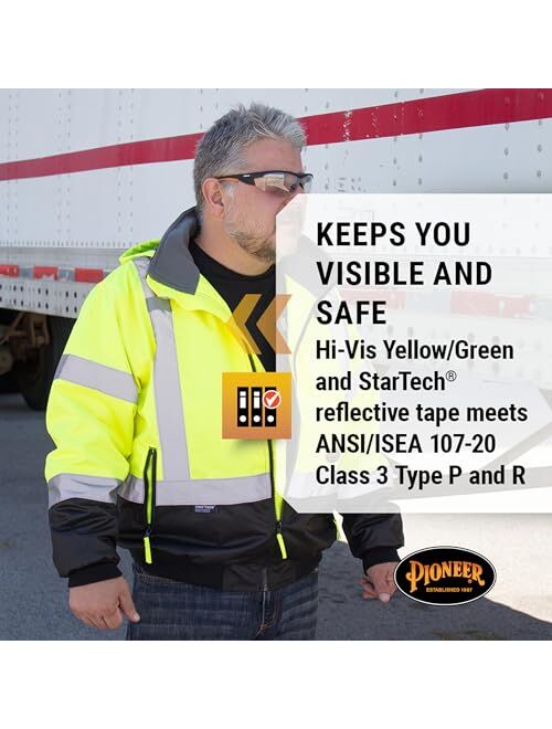 Pioneer High Vis Safety Bomber Jacket For Men Waterproof Reflective Rain Gear Class 3 Detachable Hood Yellow/Black