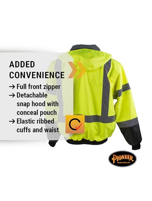 Pioneer High Vis Safety Bomber Jacket For Men Waterproof Reflective Rain Gear Class 3 Detachable Hood Yellow/Black