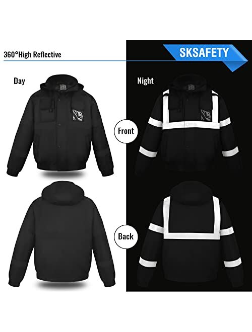SKSAFETY High Visibility Reflective Jackets for Men, Waterproof Class 3 Safety Jacket with Pockets, Hi Vis Yellow Coats with Black Bottom, Mens Work Construction Coats fo