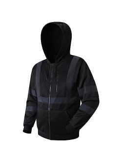 JKSafety Hi-Vis Safety Sweatshirt for men women High Visibility Zip-Up Hooded Sweatshirt Hoodie work utility Reflective Strips with Extended Trims (JK121-Black,M)