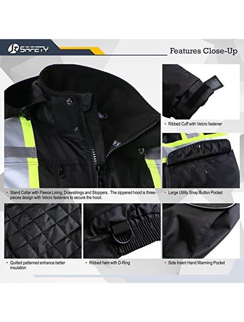 JKSafety 10 Pockets Hi-Vis Waterproof 3M Reflective Winter Bomber Jacket | Black Color | Secured iPad or Tablet Pocket | Detachable Hood and Retractable ID Pocket | ANSI 
