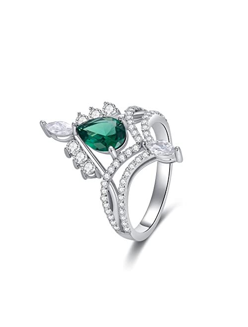 PYTALI Sterling Silver Teardrop Simulated Emerald Engagement Ring for Women