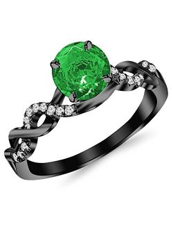 0.63 Carat 14K Black Gold Twisting Infinity Gold and Diamond Split Shank Pave Set Diamond Engagement Ring with a 0.5 Ct Natural Emerald Center (H