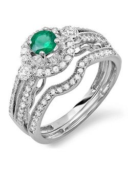 Collection 14k Round Emerald & White Diamond Ladies Halo Bridal Engagement Ring Set, White Gold