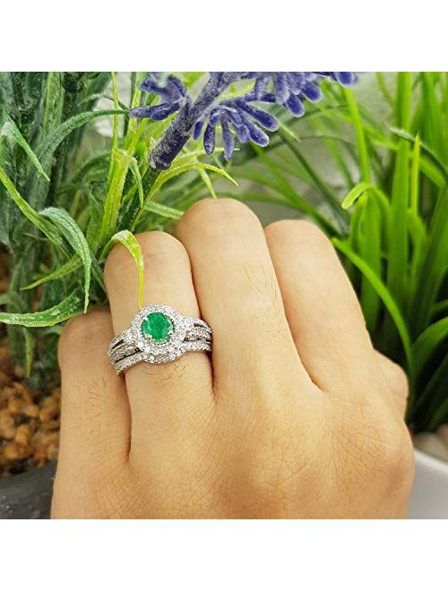 Dazzlingrock Collection 14k Round Emerald & White Diamond Ladies Halo Bridal Engagement Ring Set, White Gold