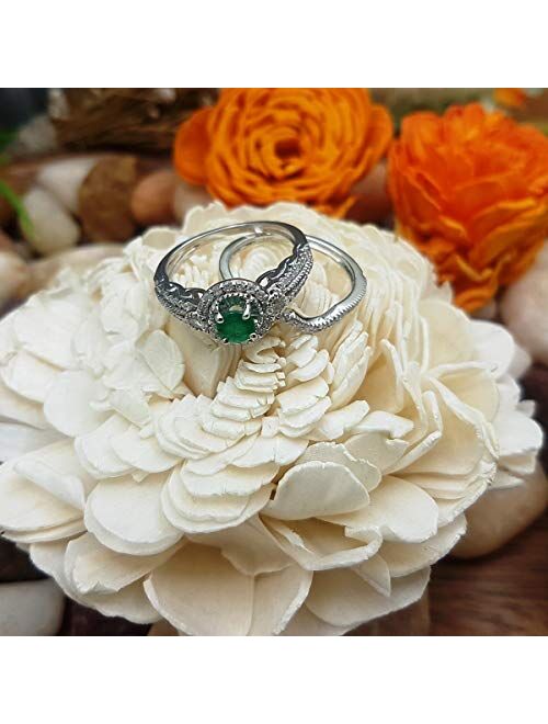 Dazzlingrock Collection 14k Round Emerald & White Diamond Ladies Halo Bridal Engagement Ring Set, White Gold
