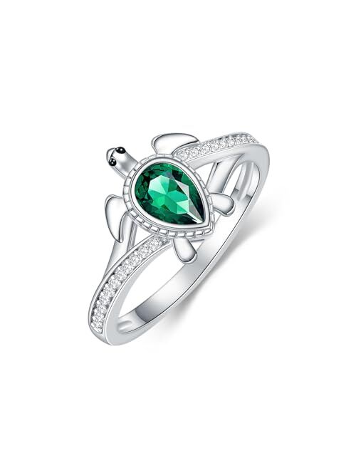 Gnteey Emerald Turtle Ring 925 Sterling Silver Sea Turtle Emerald Ring 6mm*4mm Pear Emerald Statement Ring for Women