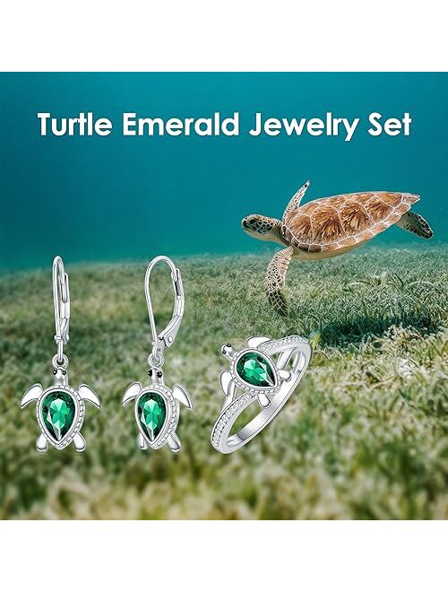 Gnteey Emerald Turtle Ring 925 Sterling Silver Sea Turtle Emerald Ring 6mm*4mm Pear Emerald Statement Ring for Women