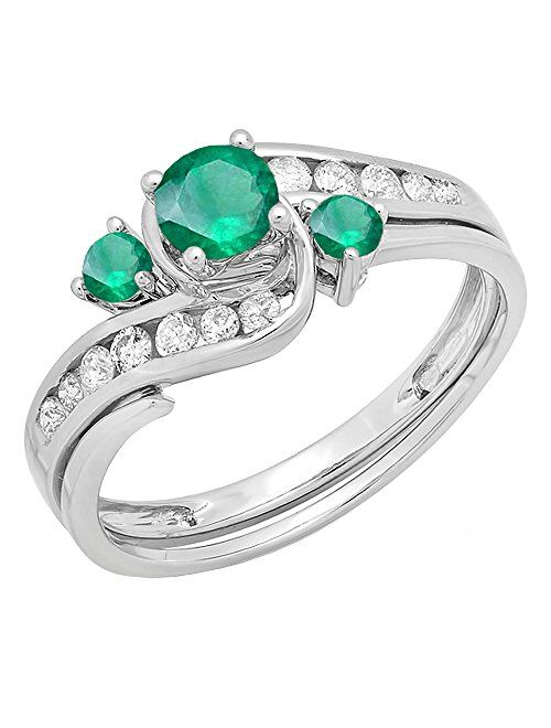 Dazzlingrock Collection 10K Round Emerald And White Diamond Ladies Swirl Bridal Engagement Ring Matching Band Set, White Gold