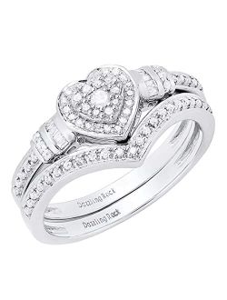 Collection 0.30 Carat Round & Baguette Diamond Heart Shaped Engagement Ring Set in 925 Sterling Silver