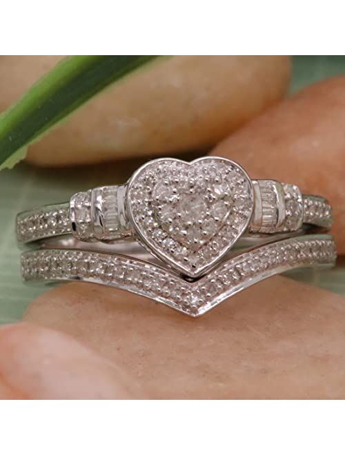 Dazzlingrock Collection 0.30 Carat Round & Baguette Diamond Heart Shaped Engagement Ring Set in 925 Sterling Silver
