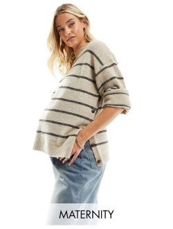 Mama.licious Mamalicious maternity high neck stripe knit sweater in beige