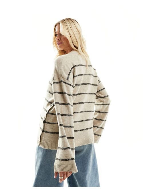 Mama.licious Mamalicious maternity high neck stripe knit sweater in beige