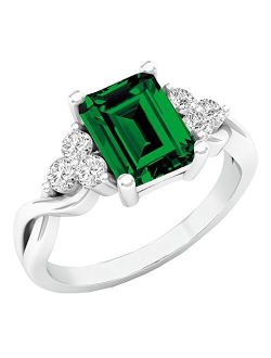 Collection Sterling Silver 8X6 MM Lab Created Emerald & White Sapphire Engagement Ring, Size 8