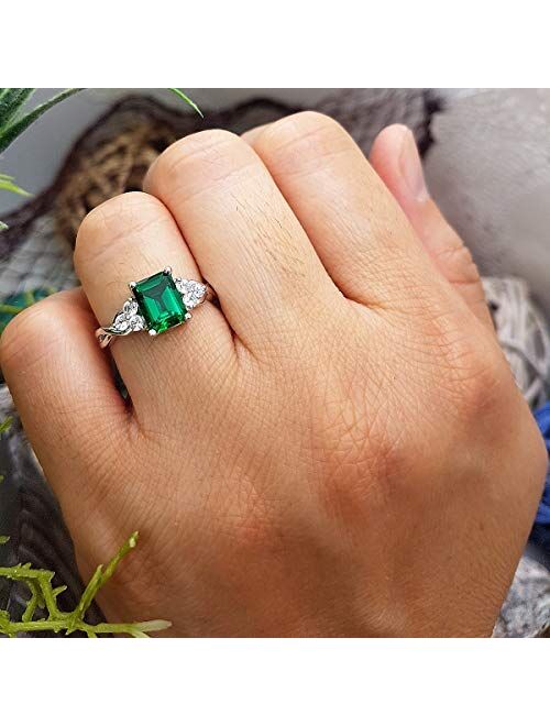 Dazzlingrock Collection Sterling Silver 8X6 MM Lab Created Emerald & White Sapphire Engagement Ring, Size 8