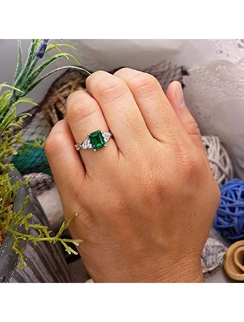 Dazzlingrock Collection Sterling Silver 8X6 MM Lab Created Emerald & White Sapphire Engagement Ring, Size 8