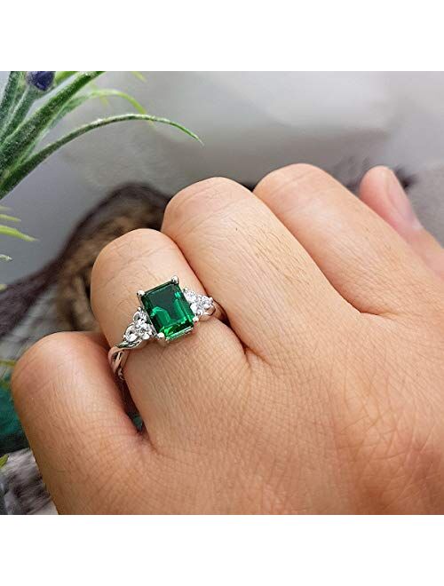 Dazzlingrock Collection Sterling Silver 8X6 MM Lab Created Emerald & White Sapphire Engagement Ring, Size 8