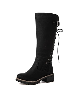Women's Lace Up Knee High Riding Boots Comfortable Gothic Motorcycle Boots for Women with Zipper Chunky Heel