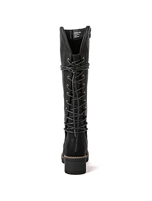 GLOBALWIN Women's Lace Up Knee High Riding Boots Comfortable Gothic Motorcycle Boots for Women with Zipper Chunky Heel
