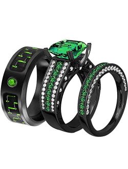 ringheart 2 Rings His and Hers Couple Rings Black Gold Filled Womens Wedding Ring Sets Princess cut Green Cz Titanium Steel Mens Ring