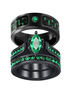 ringheart His and Her Couple Rings Black Matching Ring 1.5ct Green CZ Women Wedding Ring Sets for Him and Her