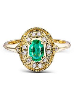 Lanmi 14K Yellow Gold Natural Emerald Diamonds Ring for Women Promise Engagement Wedding Anniversary Promotion