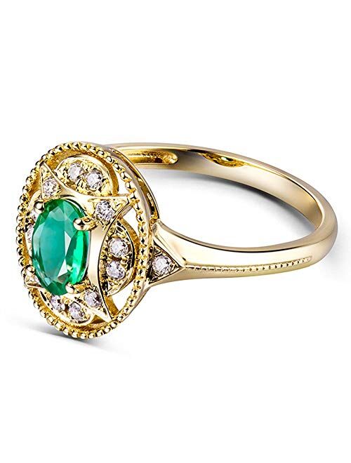 Lanmi 14K Yellow Gold Natural Emerald Diamonds Ring for Women Promise Engagement Wedding Anniversary Promotion