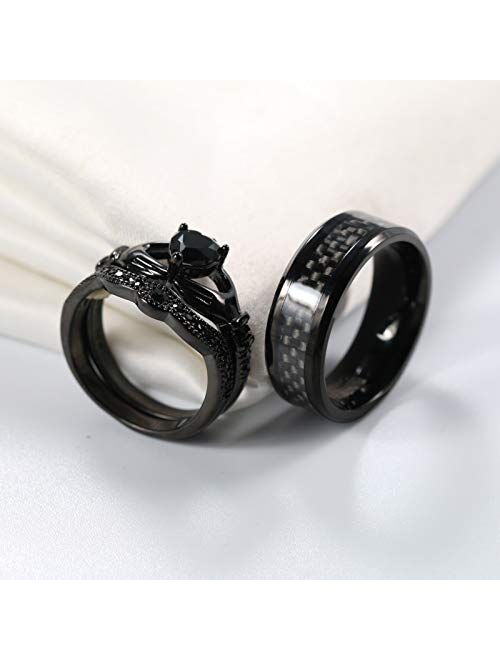 ringheart 2 Rings His and Hers Ring Couple Rings Claddagh Ring Black Cz Womens Wedding Ring Sets Titanium Steel Mens Wedding Bands