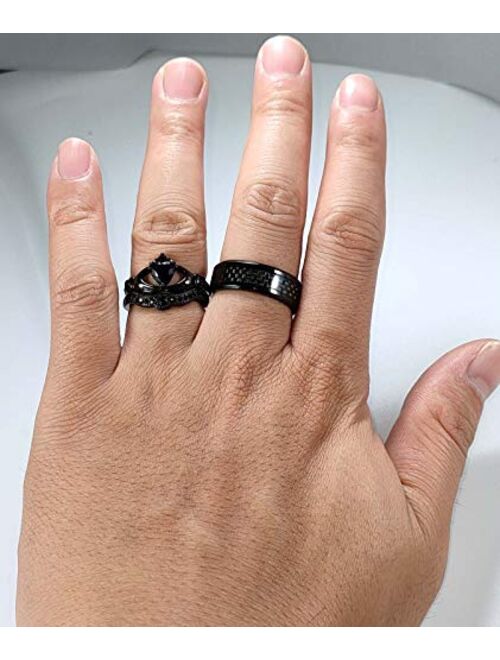 ringheart 2 Rings His and Hers Ring Couple Rings Claddagh Ring Black Cz Womens Wedding Ring Sets Titanium Steel Mens Wedding Bands