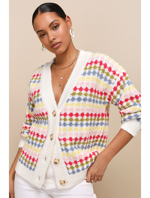 Lulus Cuddly Instinct Ivory Multi Striped Long Sleeve Cardigan Sweater