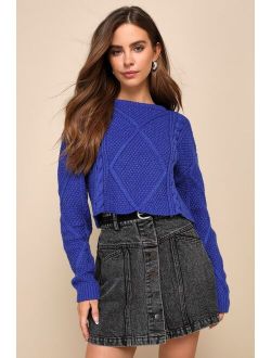 Flirtatious Season Cobalt Blue Cable Knit Cropped Sweater