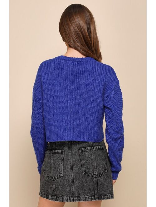 Lulus Flirtatious Season Cobalt Blue Cable Knit Cropped Sweater