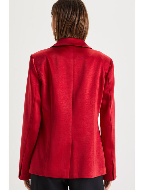 Lulus Sleek Vision Red Satin Button-Front Blazer