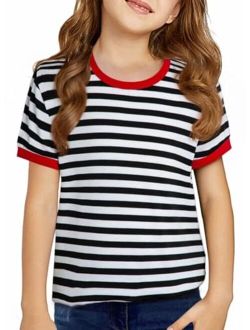 KIDS Girls Striped Color Block Short Sleeve T Shirts Casual Crewneck Summer Cute Tee Tops 4-13 Years