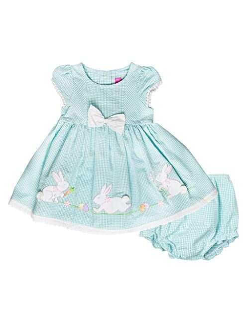 Good Lad Newborn/Infant Baby Girls Turquoise Seersucker Easter Dress with Bunny Appliques
