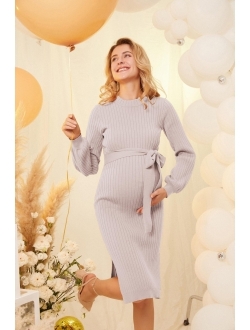 Maacie Maternity Fall Sweater Lantern Sleeve Tie Waist Bodycon Dress with Slit