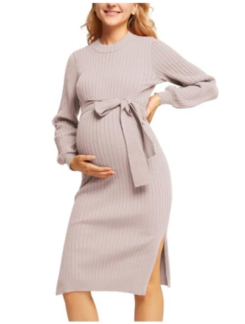 Maacie Maternity Fall Sweater Lantern Sleeve Tie Waist Bodycon Dress with Slit