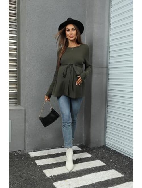 MakeMeChic Women's Maternity Shirts Casual Long Sleeve Tie Front Ribbed Knit Pregnancy Tee Top