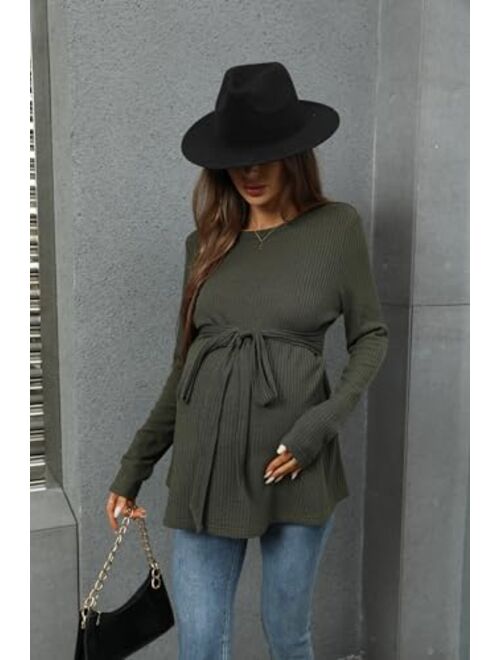 MakeMeChic Women's Maternity Shirts Casual Long Sleeve Tie Front Ribbed Knit Pregnancy Tee Top