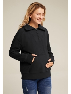 Maacie Maternity Sweatshirts Lapel Half Zip Thermal Fleece Pullover with Thumbholes & Kangaroo Pocket