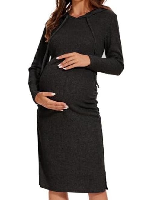 WOOXIO Women's Knit Split Maternity Dress Long Sleeve Ruched Pregnancy Clothes Hoodie Dress