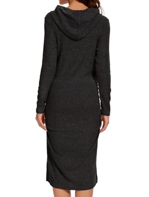 WOOXIO Women's Knit Split Maternity Dress Long Sleeve Ruched Pregnancy Clothes Hoodie Dress