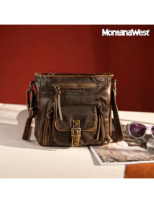 Montana West Crossbody Bag for Women Soft Washed Leather Multi Pocket Shoulder Purses Medium Size