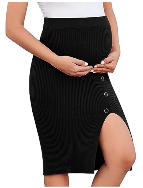 KOJOOIN Maternity Skirts for Women Bodycon High Waisted Casual Rib Knit Split Pencil Sweater Midi Skirt with Button Pregnancy