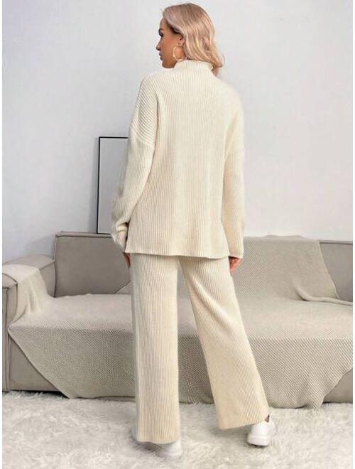 SHEIN Maternity Half High Neck Split Hem Sweater & Adjustable Waist Velvet Pants Set
