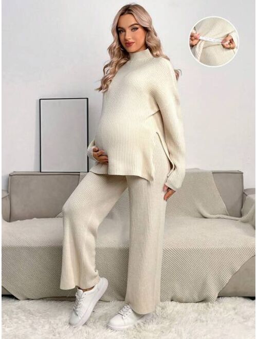 SHEIN Maternity Half High Neck Split Hem Sweater & Adjustable Waist Velvet Pants Set