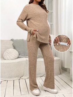 Maternity Split-Side Long Sleeve T-Shirt And Adjustable Waist Long Pants Set
