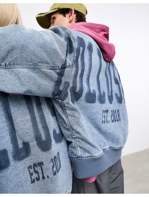 COLLUSION Unisex oversized denim bomber jacket with branding in blue