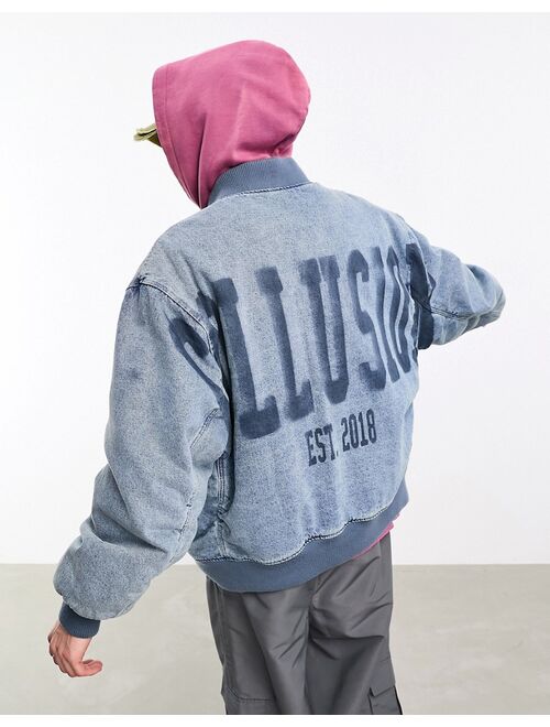 COLLUSION Unisex oversized denim bomber jacket with branding in blue