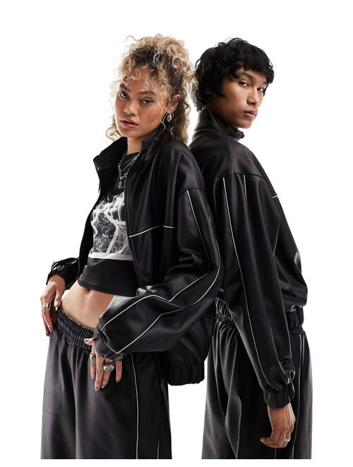 COLLUSION Unisex track jacket in black PU - part of a set